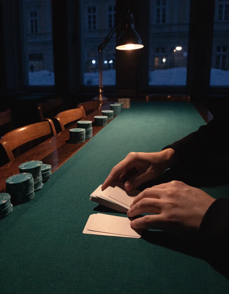 Pokerový stůl pod jedním světlem v tmavém sále Brzozowa Parku