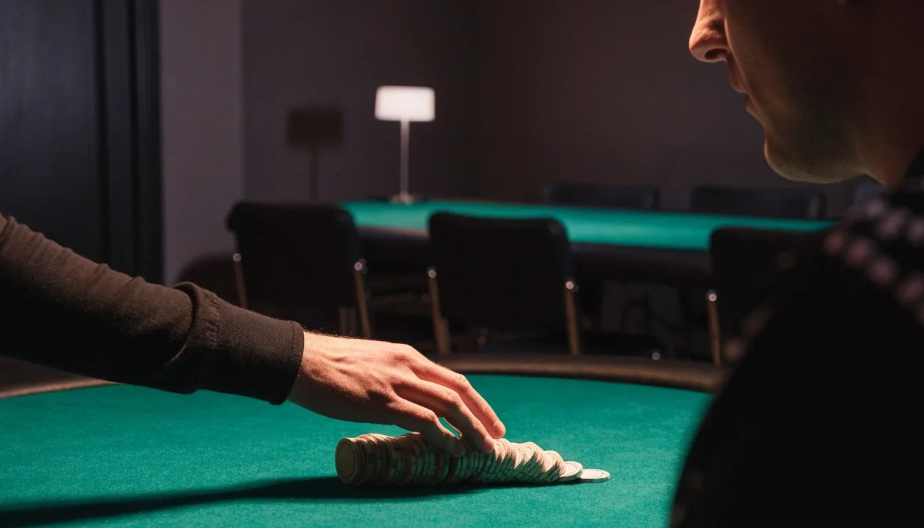 Pokerový stůl pod jedním světlem v tmavém sále Brzozowa Parku